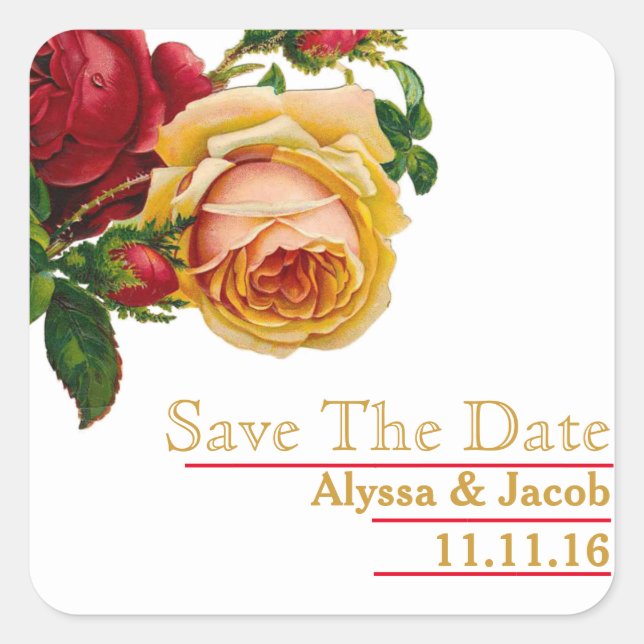 Beautiful Floral Gold Red Rose Save the Date Square Sticker (Front)