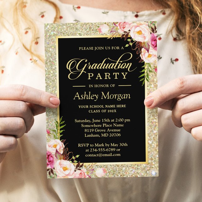 Beautiful Floral Gold Sparkles Graduation Party Invitation (Creator Uploaded)