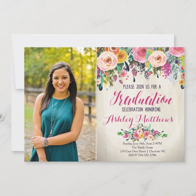 Beautiful Floral Graduation Invitation, Invitation (Front)