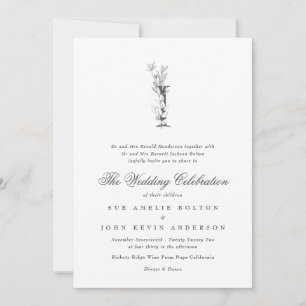 Beautiful Floral 'I' Monogram Sketched Wedding Invitation