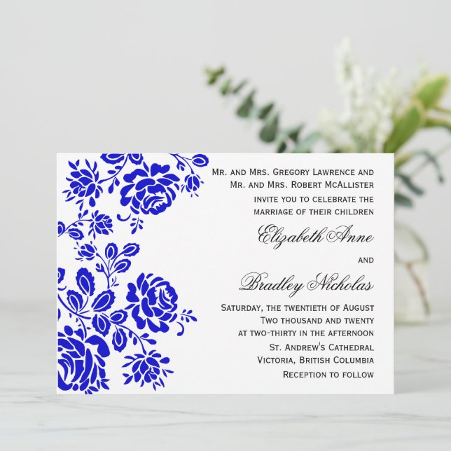 Beautiful Floral in Royal Blue Wedding Invitation (Standing Front)