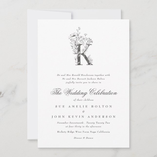 Beautiful Floral 'K' Monogram Sketched Wedding Invitation (Front)