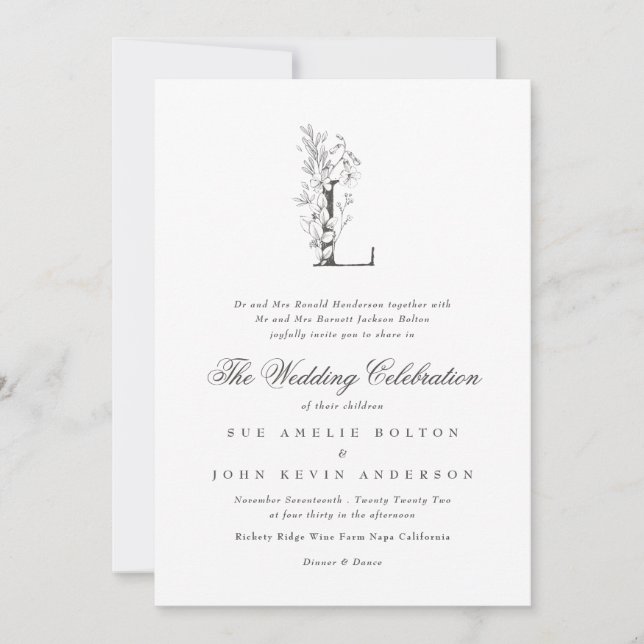 Beautiful Floral 'L' Monogram Sketched Wedding Invitation (Front)