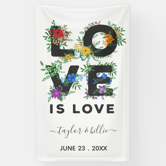 Beautiful Floral Love Is Love Gay Wedding Banner (Vertical)