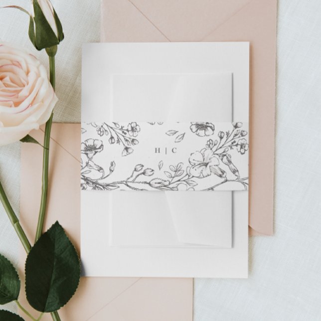 Beautiful Floral Monogram Sketched Wedding Invitation Belly Band (Creator Uploaded)