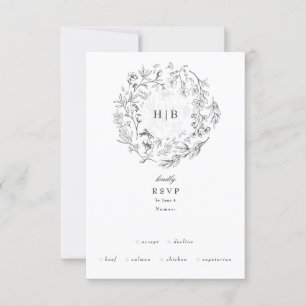 Beautiful Floral Monogram Sketched Wreath 4 option RSVP Card