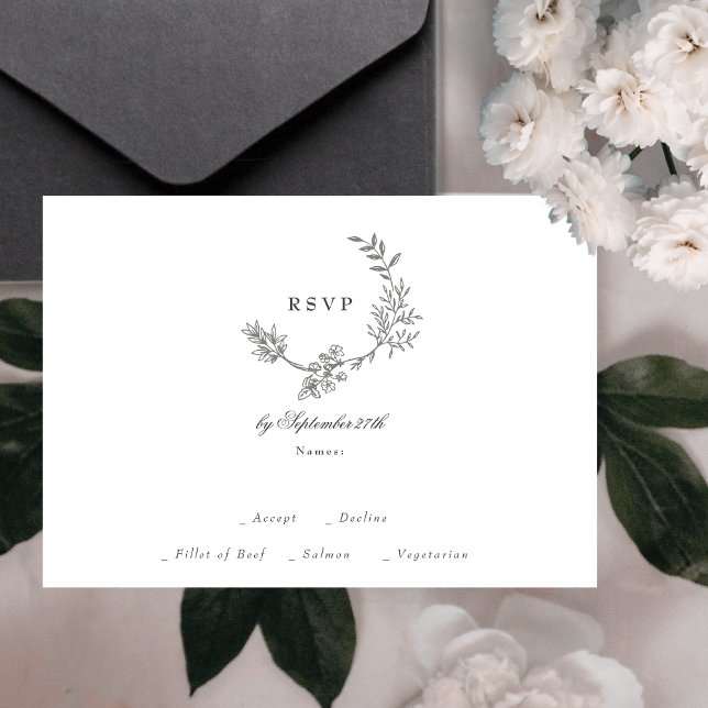 Beautiful Floral Monogram Sketched Wreath Wedding RSVP Card (Creator Uploaded)