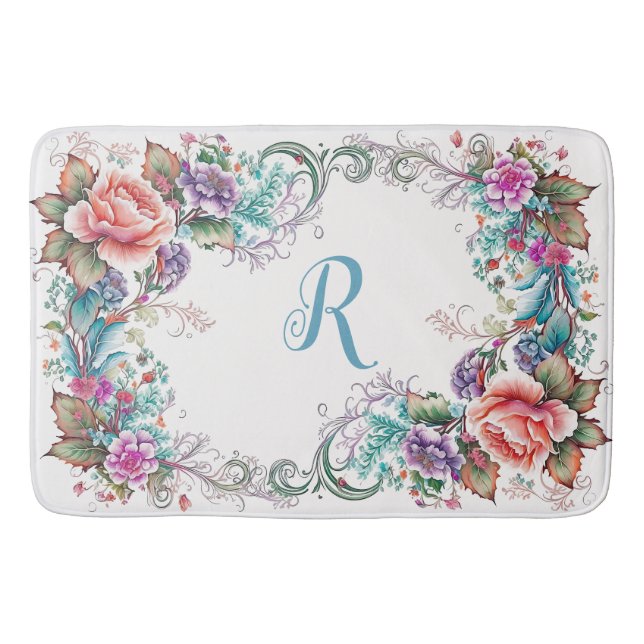 Beautiful Floral  Monogrammed Bath Mat (Front)