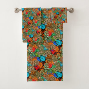 Beautiful Floral Multicolored Pattern Red Blue Bath Towel Set