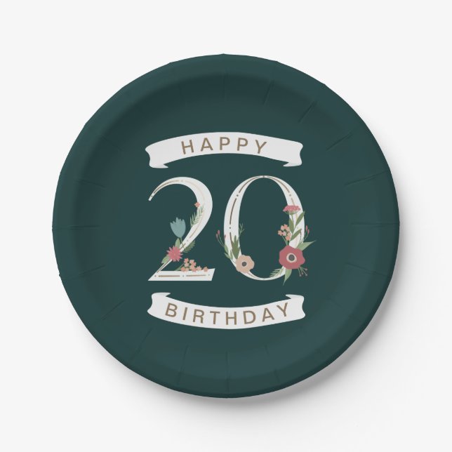 Beautiful Floral Numerals 20th Birthday Paper Plate (Front)