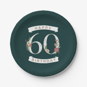Beautiful Floral Numerals 60th Birthday Paper Plate