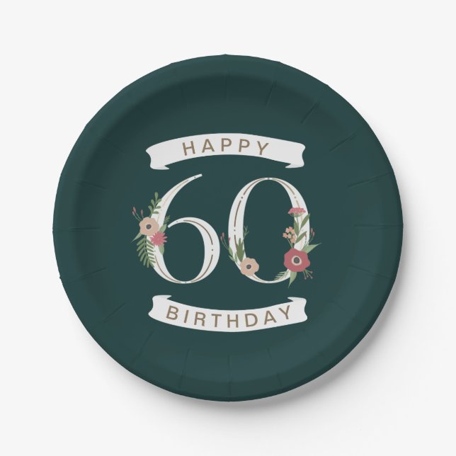 Beautiful Floral Numerals 60th Birthday Paper Plate (Front)