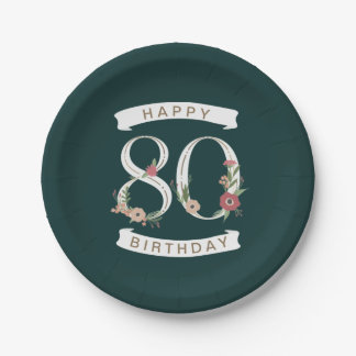 Beautiful Floral Numerals 80th Birthday Paper Plate