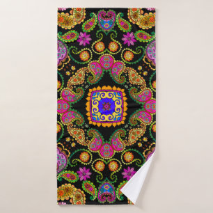 Beautiful floral ornament with bright flowers and  bath towel