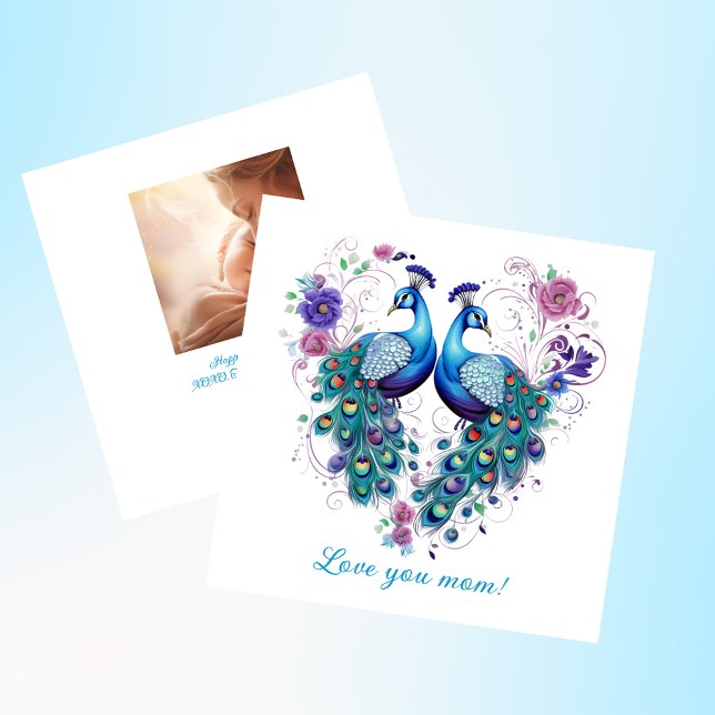 Beautiful Floral Pair of Peacocks Love You Mum Holiday Card (Creator Uploaded)