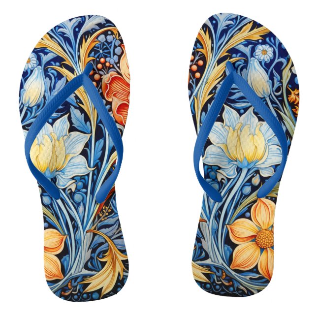 Beautiful  Floral Pattern Blue Yellow Orange Jandals (Footbed)