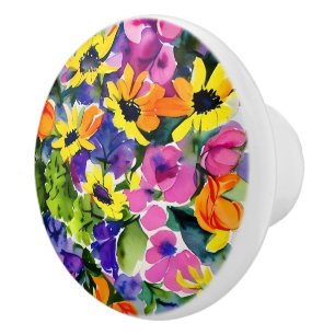 Beautiful floral pattern, bright yellow and pink, ceramic knob