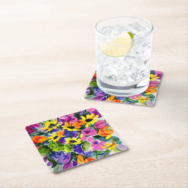 Beautiful floral pattern, bright yellow and pink, square paper coaster (Insitu)
