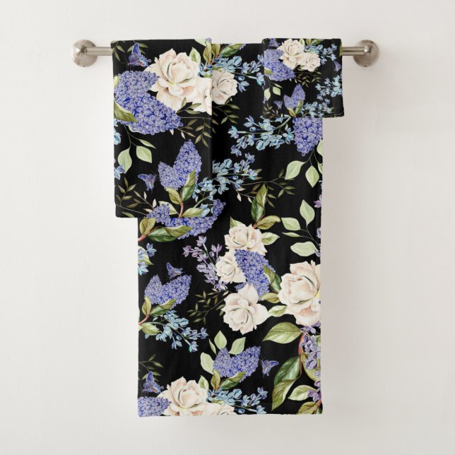 Beautiful Floral Pattern Lilac Roses Foliage  Bath Towel Set (Insitu)