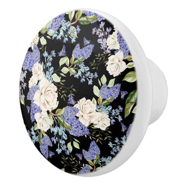 Beautiful Floral Pattern Lilac Roses Foliage  Ceramic Knob (Right)