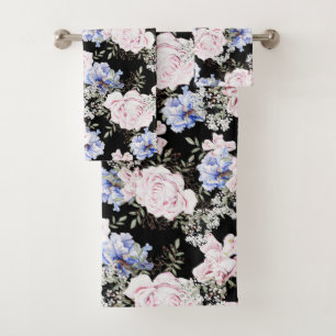 Beautiful Floral Pattern Roses Iris Pink Blue  Bath Towel Set