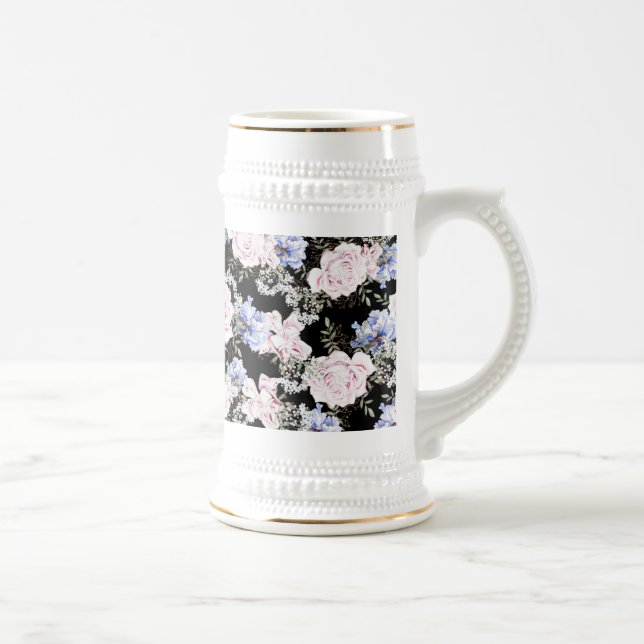 Beautiful Floral Pattern Roses Iris Pink Blue  Beer Stein (Right)