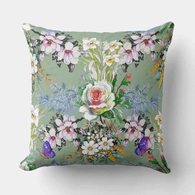 Beautiful Floral Pattern Roses Wildflowers Green Cushion (Front)