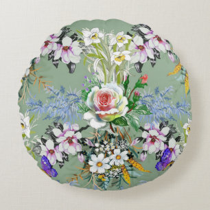 Beautiful Floral Pattern Roses Wildflowers Green Round Cushion