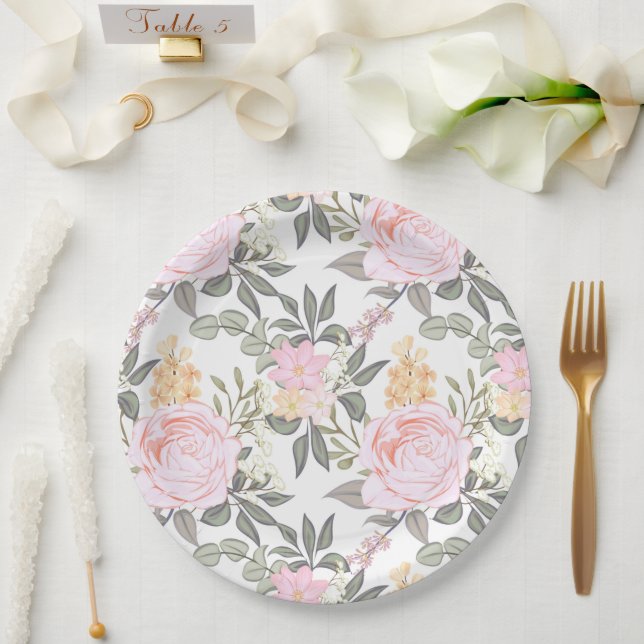 Beautiful floral pink rose and green foliage paper plate (Wedding)