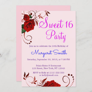 Beautiful Floral Red Rose Sweet 16 Invite
