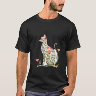 Beautiful Floral Silhouette Cat T-Shirt