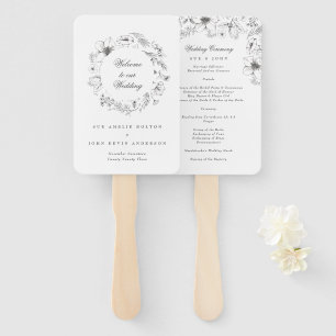 Beautiful Floral Sketched Wedding Program Hand Fan