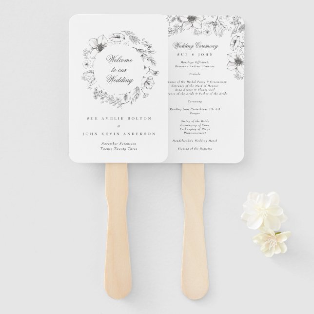 Beautiful Floral Sketched Wedding Program Hand Fan (Front and Back)