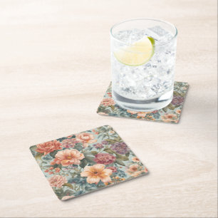 Beautiful Floral Vintage Flower Painting Square Paper Coaster