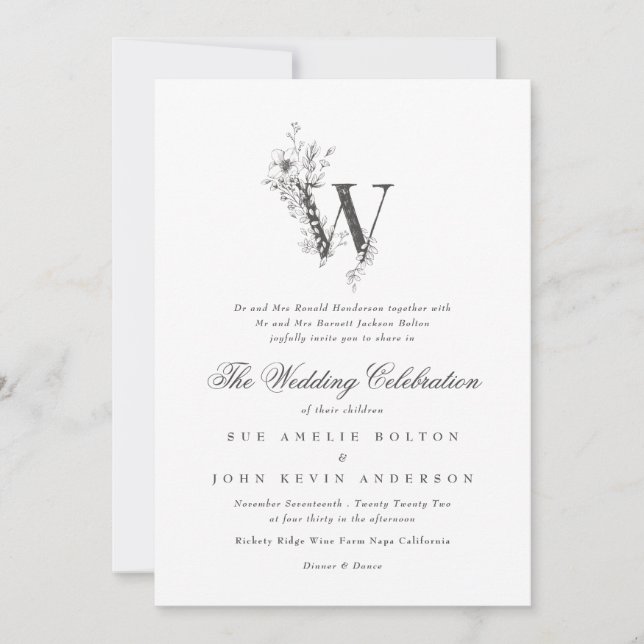 Beautiful Floral 'W' Monogram Sketched Wedding Invitation (Front)