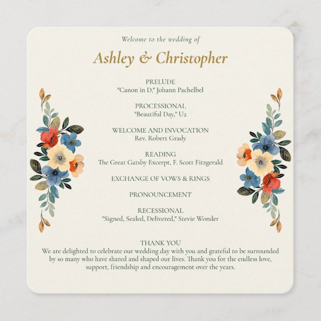 Beautiful Floral Watercolor Ivory Wedding Programme (Front)