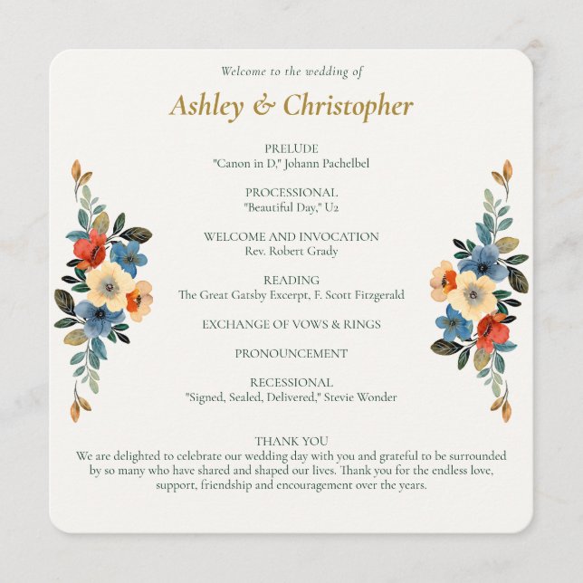 Beautiful Floral Watercolor Wedding Programme (Front)