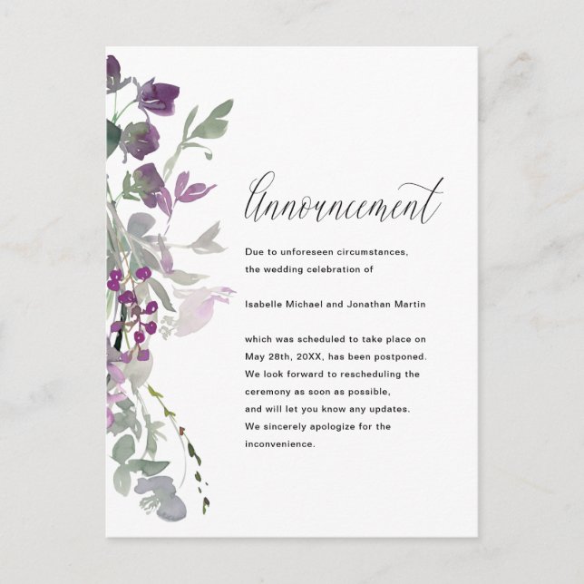 Beautiful Floral Wedding Cancellation Announcement Postcard (Front)