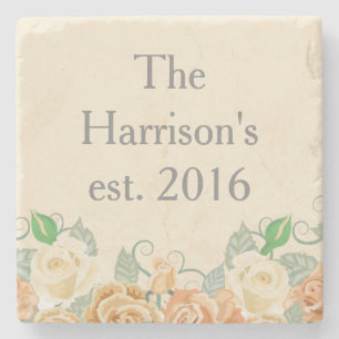 Beautiful Floral Wedding Name Stone Coaster