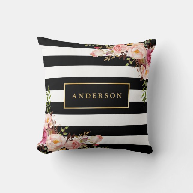 Beautiful Floral Wrap Gold Frame Elegant Stripes Cushion (Front)