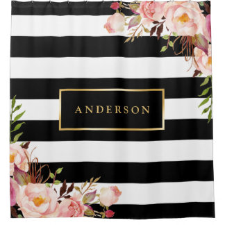 Beautiful Floral Wrap Gold Frame Elegant Stripes Shower Curtain