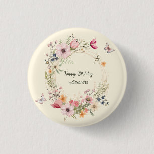 Beautiful Floral Wreath and Butterflies Birthday 3 Cm Round Badge