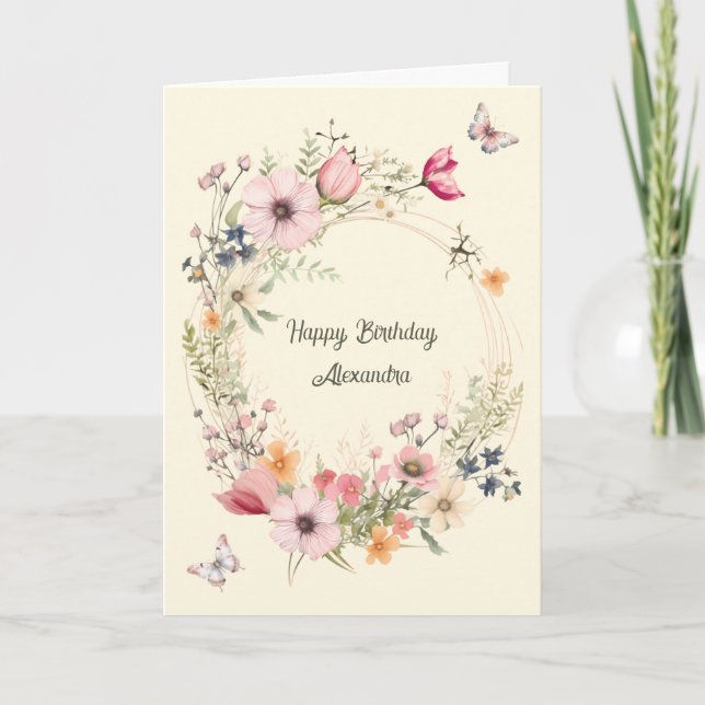 Beautiful Floral Wreath and Butterflies Birthday Card (Front)