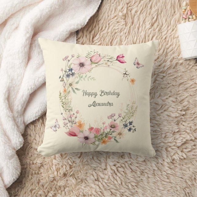 Beautiful Floral Wreath and Butterflies Birthday Cushion (Blanket)
