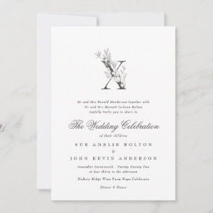 Beautiful Floral 'X' Monogram Sketched Wedding Invitation