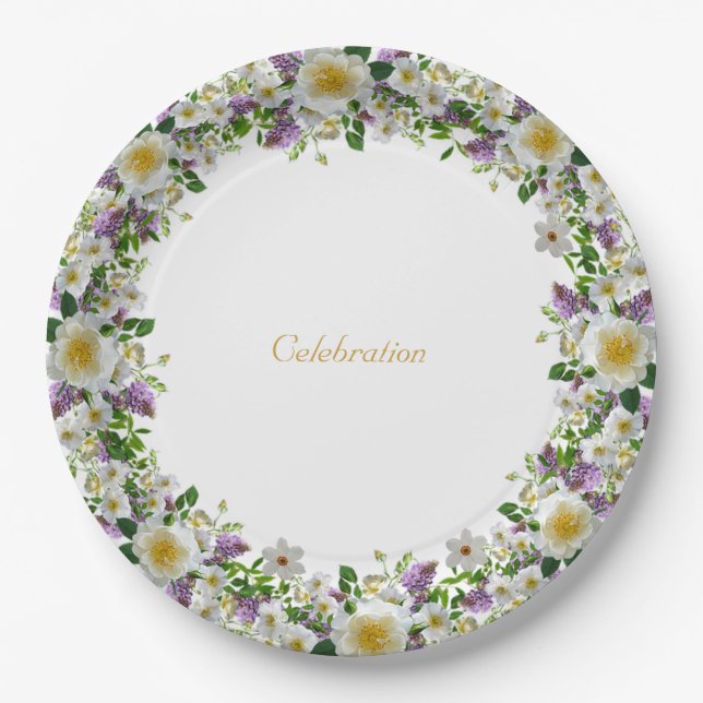 Beautiful flower crown  wreath in violet &  white paper plate (Front)