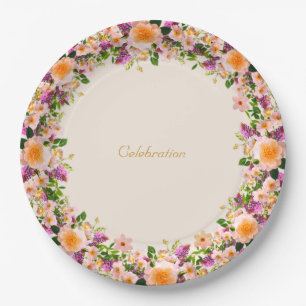 Beautiful flower crown wreath on sand beige paper plate