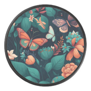 Beautiful flowers and butterflies in the jungle hockey puck