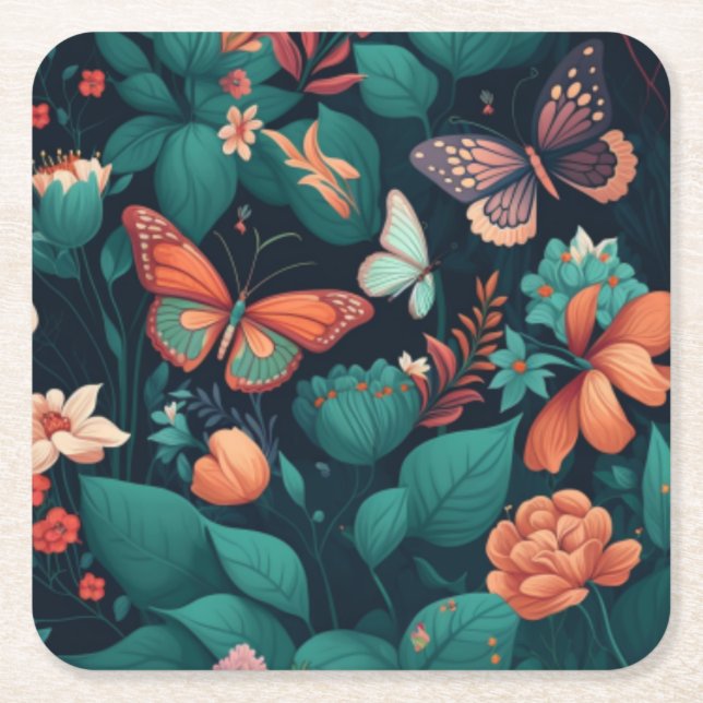 Beautiful flowers and butterflies in the jungle square paper coaster (Front)