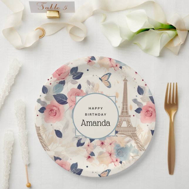 Beautiful Flowers and Eiffel Tower Paris Birthday Paper Plate (Wedding)